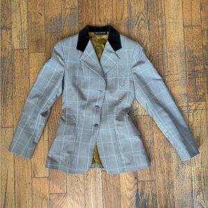 Elegant Gray Plaid Blazer with Black Velvet Collar